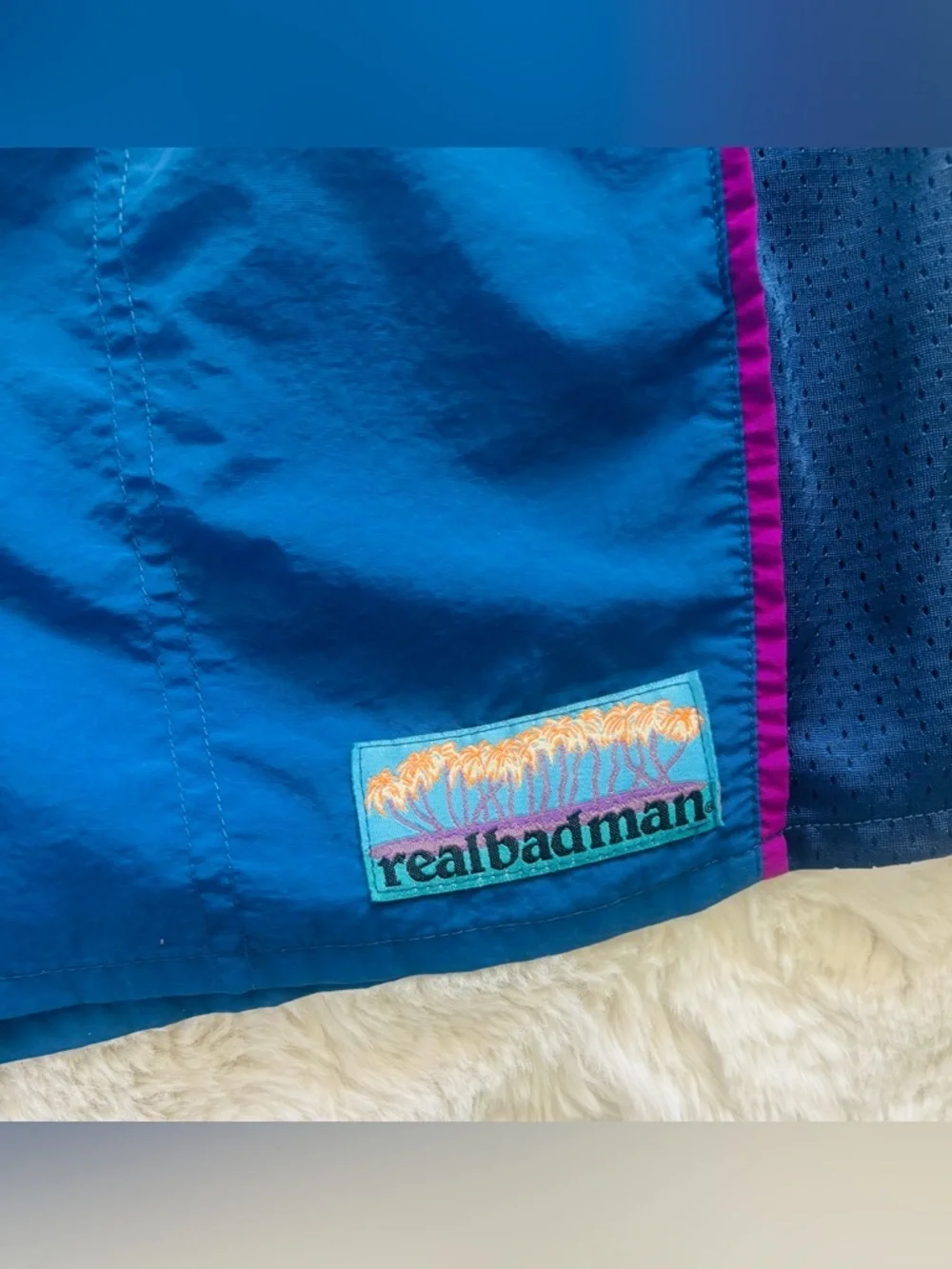 Real Bad Man Blue Paradise Shorts Swim Trunks with Flower Patch  Size: Large